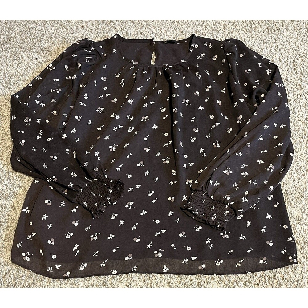 Women's Ann Taylor Brown Floral Long Sleeve Blouse, Medium Petite
